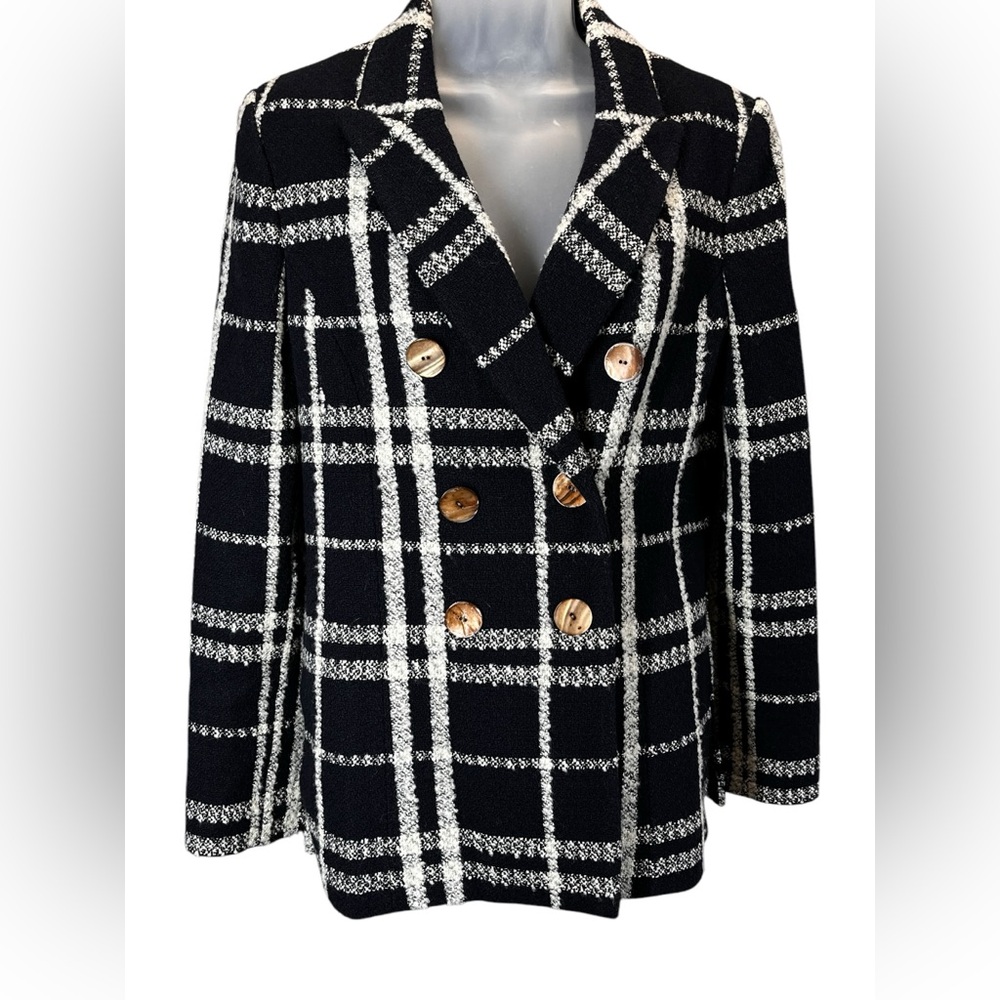 Derek Lam 10 Crosby Black White Tweed Plaid Double Breasted Blazer Jacket Size 8